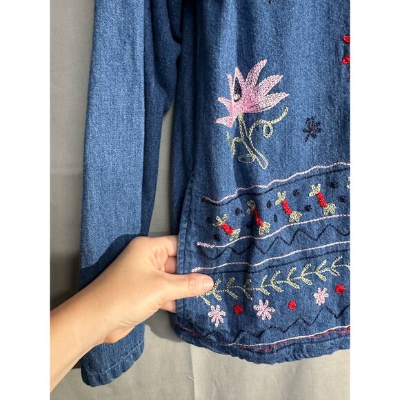 90s Vintage Jacket Womens Large Denim Floral Embroidered Boho Cottage Button - Picture 6 of 9